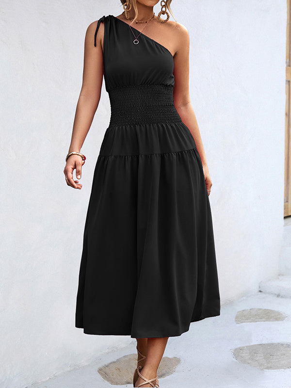 Momentlover Solid Color Sleeveless One-shoulder Midi Dresses