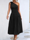 Momentlover Solid Color Sleeveless One-shoulder Midi Dresses