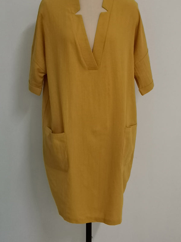 Momentlover Split-Joint Solid Color Pockets Short Sleeves Loose V-Neck Mini Dresses