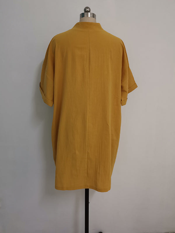 Momentlover Split-Joint Solid Color Pockets Short Sleeves Loose V-Neck Mini Dresses