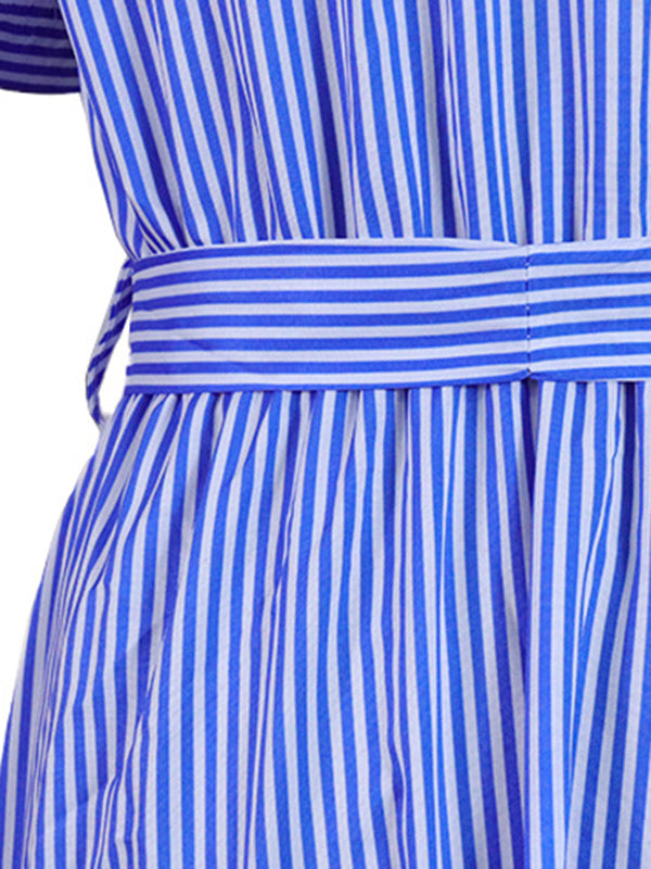 Momentlover Striped Short Sleeves Loose Lapel Maxi Dresses