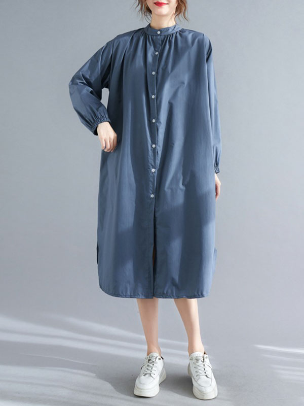Momentlover Split-Side Elasticity Buttoned Loose Long Sleeves Mock Neck Shirt Dress Midi Dresses