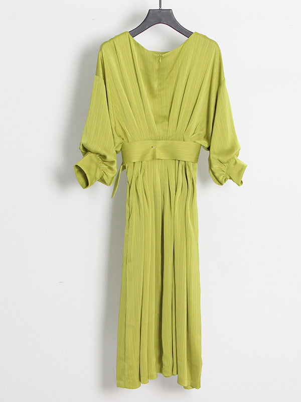 Momentlover Solid Color Belted Loose High Waisted Boat Neck Midi Dresses