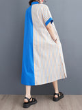 Momentlover Striped Split-Joint Asymmetric Short Sleeves Loose Lapel Shirt Dress Midi Dresses