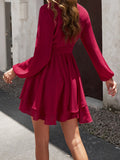 Momentlover Tied Waist Solid Color Ruffled Puff Sleeves Loose V-Neck Mini Dresses