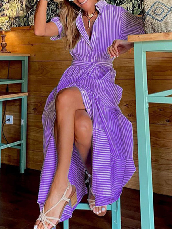Momentlover Striped Short Sleeves Loose Lapel Maxi Dresses