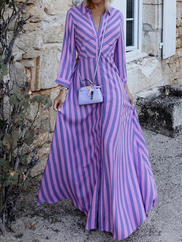 Momentlover Stylish Long Sleeves Striped Lapel Collar Maxi Dresses