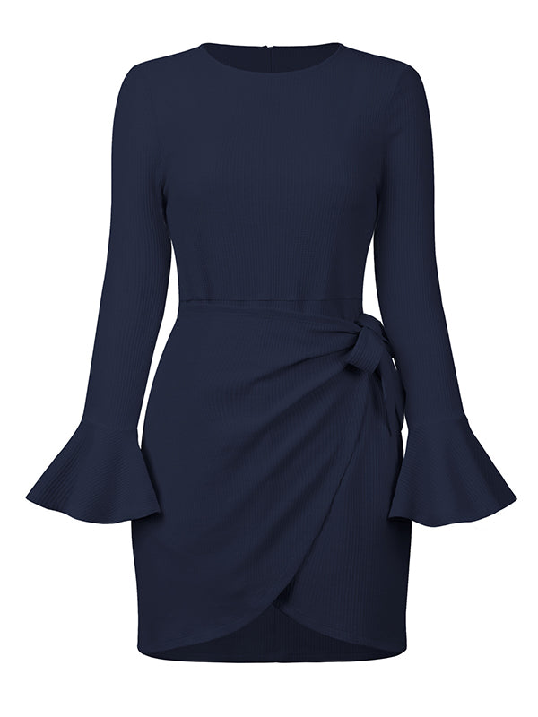 Momentlover Simple Long Sleeves Skinny Tied Falbala Solid Color Round-Neck Mini Dresses