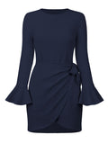 Momentlover Simple Long Sleeves Skinny Tied Falbala Solid Color Round-Neck Mini Dresses