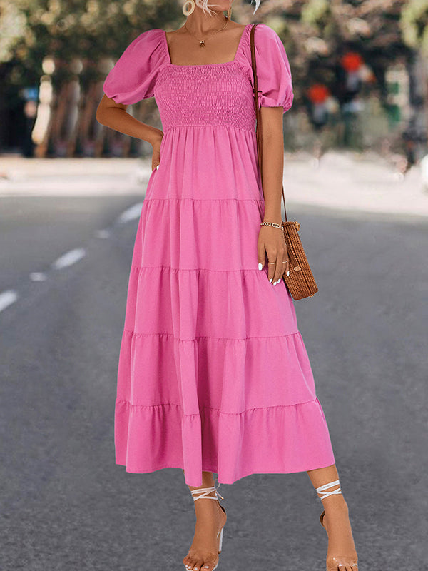 Momentlover Split-Joint Solid Color Pleated Elasticity Short Sleeves High Waisted Square-neck Midi Dresses