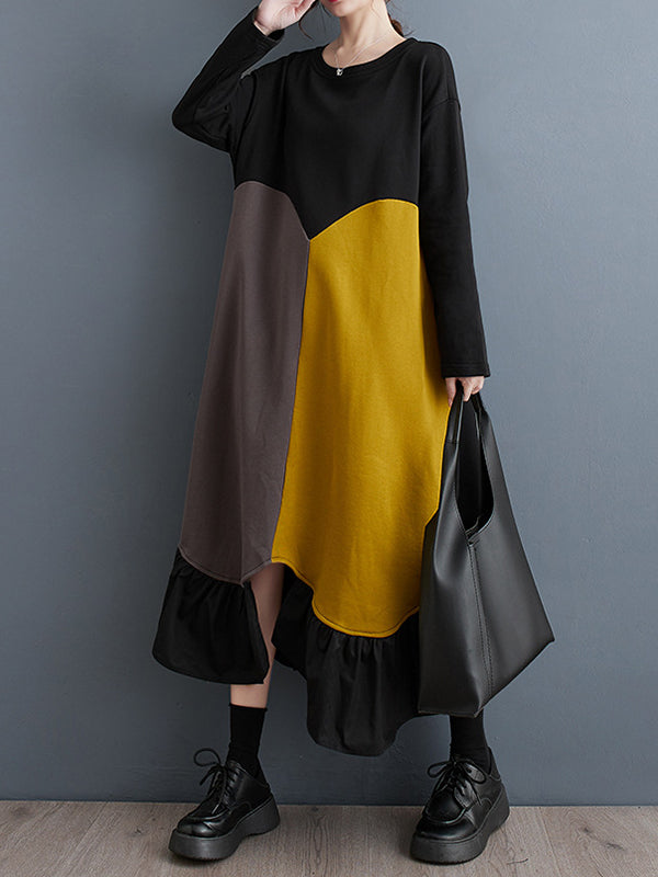 Momentlover Split-Joint Split-front Pleated Contrast Color Loose Long Sleeves Round-neck Midi Dresses