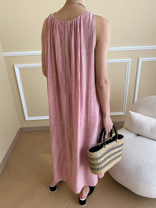 Momentlover Solid Color Pleated Sleeveless Loose Round-Neck Midi Dresses