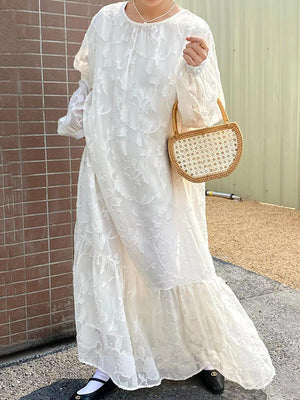 Momentlover Tied Waist Split-Joint Solid Color Pleated Flower Print Puff Sleeves Loose Round-Neck Maxi Dresses