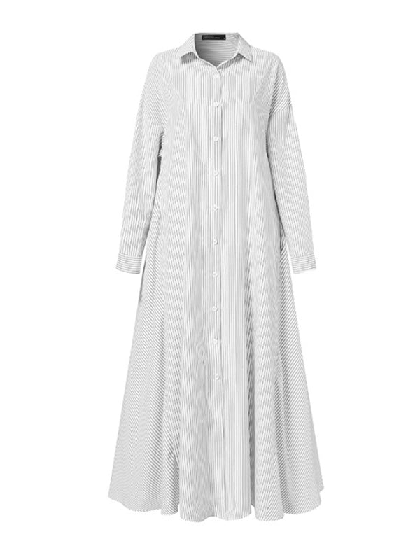 Momentlover Striped Buttoned Plus Size Loose Lapel Shirt Dress Maxi Dresses