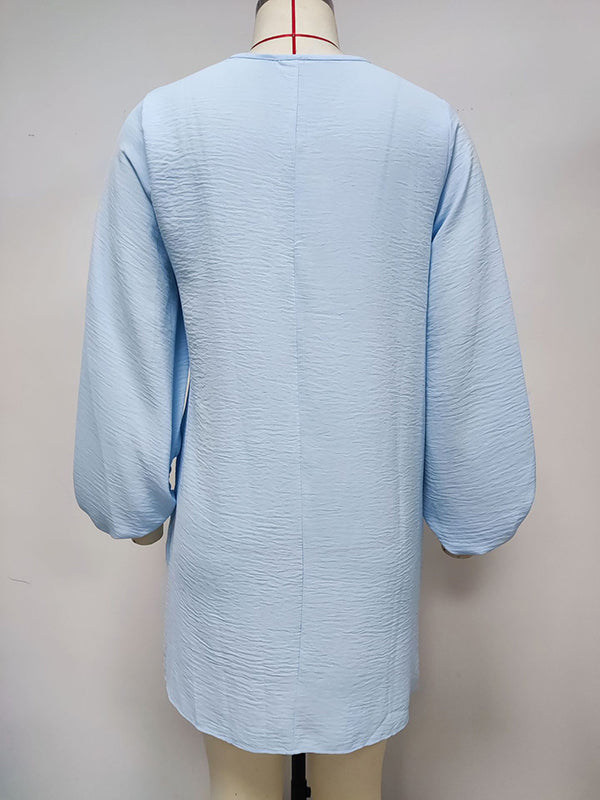 Momentlover Solid Color Ruffled Puff Sleeves Loose V-Neck Mini Dresses