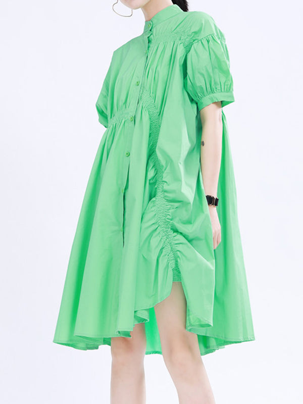 Momentlover Solid Color Pleated Asymmetric Short Sleeves Loose Stand Collar Shirt Dress Mini Dresses