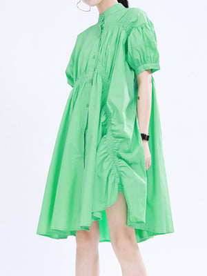 Momentlover Solid Color Pleated Asymmetric Short Sleeves Loose Stand Collar Shirt Dress Mini Dresses