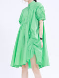 Momentlover Solid Color Pleated Asymmetric Short Sleeves Loose Stand Collar Shirt Dress Mini Dresses