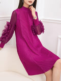 Momentlover Solid Color Pleated Embroidered Loose Long Sleeves Round-neck Midi Dresses