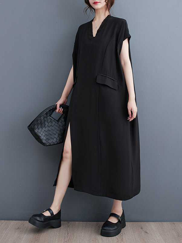 Momentlover Split-Joint Split-Front Solid Color Short Sleeves Loose V-Neck Midi Dresses