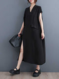 Momentlover Split-Joint Split-Front Solid Color Short Sleeves Loose V-Neck Midi Dresses