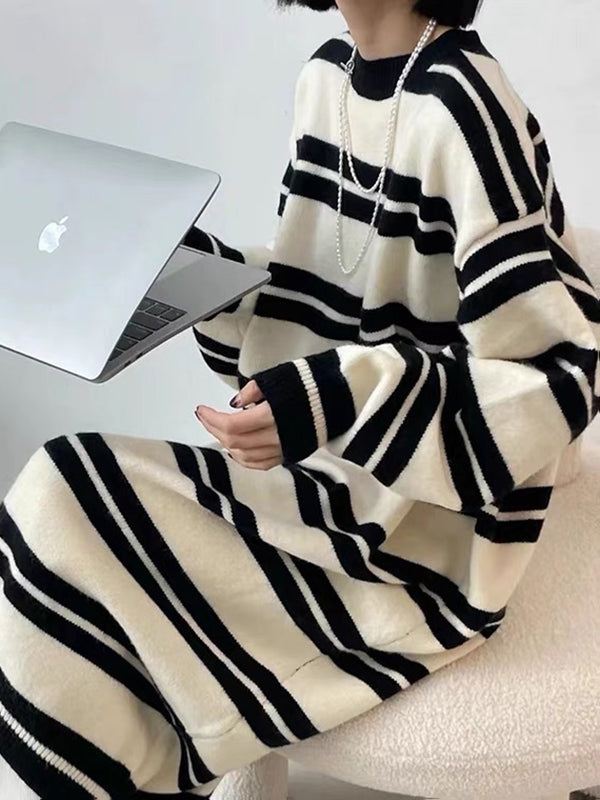 Momentlover Urban Loose Long Sleeves Striped Round-Neck Midi Dresses