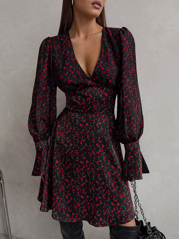 Momentlover Zipper Flower Print Long Sleeves High Waisted Deep V-Neck Mini Dresses