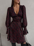 Momentlover Zipper Flower Print Long Sleeves High Waisted Deep V-Neck Mini Dresses