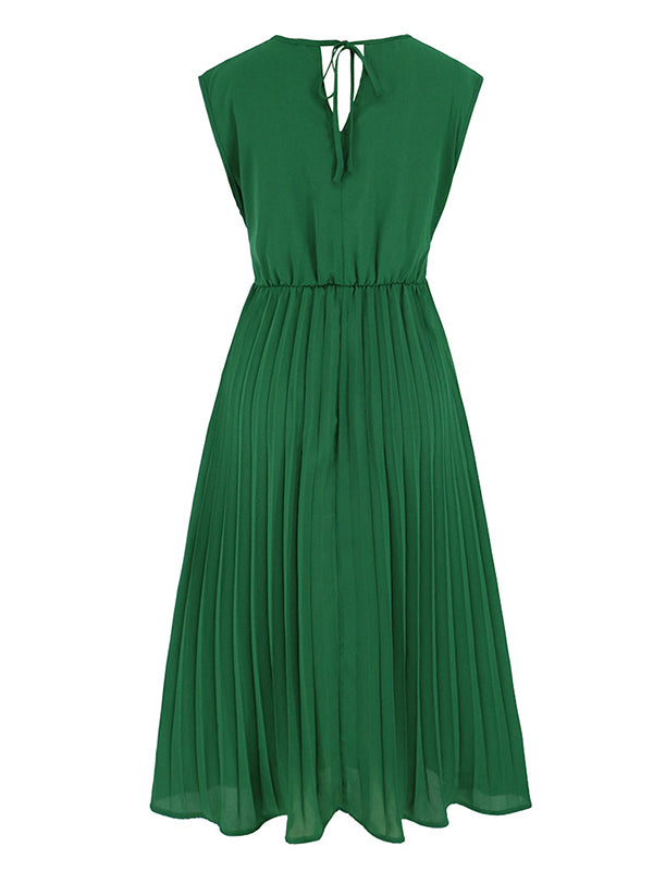 Momentlover Tied Waist Solid Color Pleated Sleeveless V-Neck Midi Dresses