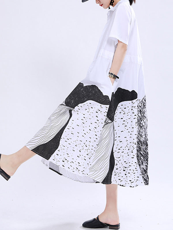 Momentlover Tied Waist Printed Drawstring Contrast Color Short Sleeves Loose Lapel Shirt Dress Midi Dresses