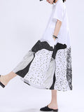 Momentlover Tied Waist Printed Drawstring Contrast Color Short Sleeves Loose Lapel Shirt Dress Midi Dresses