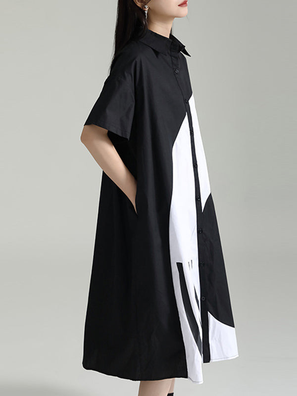 Momentlover Split-Joint Contrast Color Asymmetric Short Sleeves Loose Lapel Shirt Dress Midi Dresses