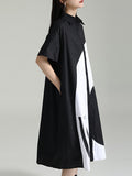Momentlover Split-Joint Contrast Color Asymmetric Short Sleeves Loose Lapel Shirt Dress Midi Dresses