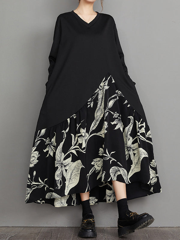 Momentlover Split-Joint Flower Print Asymmetric Loose Long Sleeves V-Neck Midi Dresses