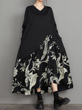 Momentlover Split-Joint Flower Print Asymmetric Loose Long Sleeves V-Neck Midi Dresses