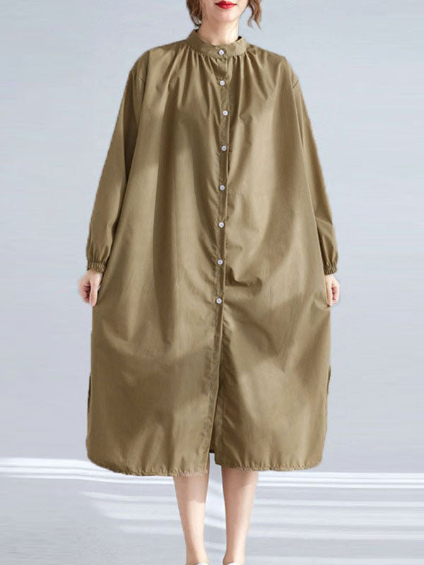 Momentlover Split-Side Elasticity Buttoned Loose Long Sleeves Mock Neck Shirt Dress Midi Dresses