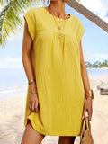 Momentlover Solid Color Pleated Loose Cap Sleeve Round-neck Mini Dresses
