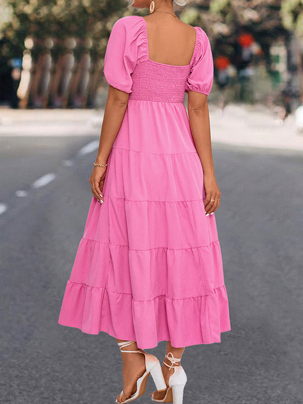 Momentlover Split-Joint Solid Color Pleated Elasticity Short Sleeves High Waisted Square-neck Midi Dresses