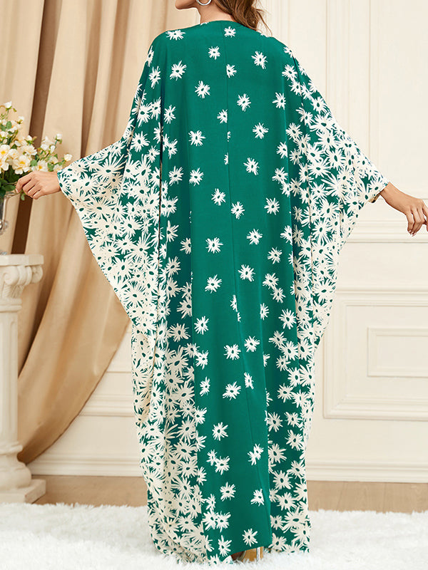 Momentlover Split-Front Muslim Flower Print Loose Batwing Sleeves Round-Neck Maxi Dresses