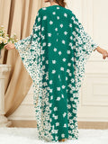 Momentlover Split-Front Muslim Flower Print Loose Batwing Sleeves Round-Neck Maxi Dresses