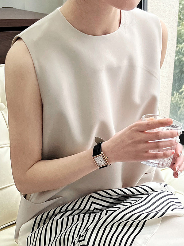 Momentlover Solid Color Sleeveless Loose Round-Neck Midi Dresses