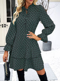 Momentlover Split-Joint Printed Lace-Up Loose Long Sleeves Stand Collar Mini Dresses