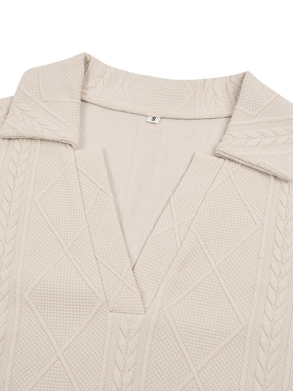 Momentlover Tied Waist Solid Color Jacquard Long Sleeves V-neck Mini Dresses