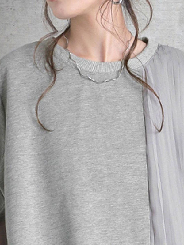 Momentlover Split-Joint Solid Color Pleated Short Sleeves Loose Round-Neck Midi Dresses