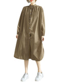 Momentlover Split-Side Elasticity Buttoned Loose Long Sleeves Mock Neck Shirt Dress Midi Dresses