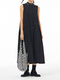 Momentlover Solid Color Pleated Sleeveless Loose Stand Collar Shirt Dress Midi Dresses