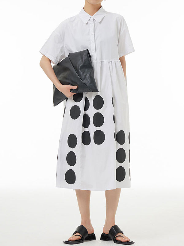 Momentlover Split-Joint Pleated Contrast Color Short Sleeves Loose Lapel Shirt Dress Midi Dresses