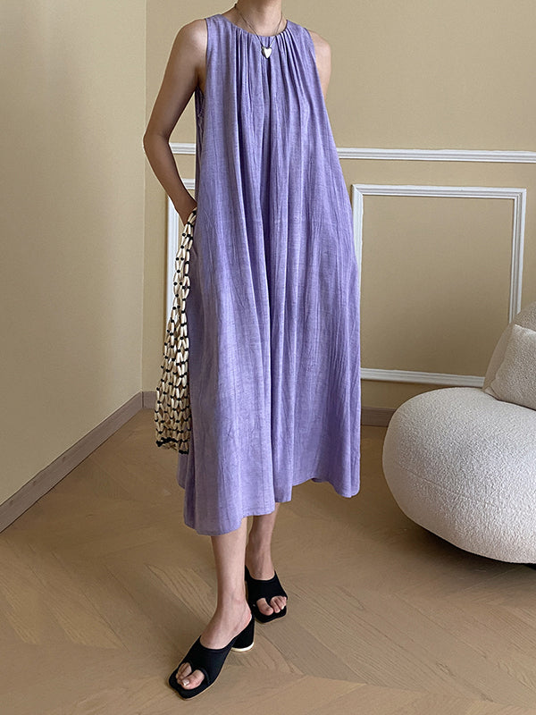 Momentlover Solid Color Pleated Sleeveless Loose Round-Neck Midi Dresses