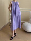 Momentlover Solid Color Pleated Sleeveless Loose Round-Neck Midi Dresses