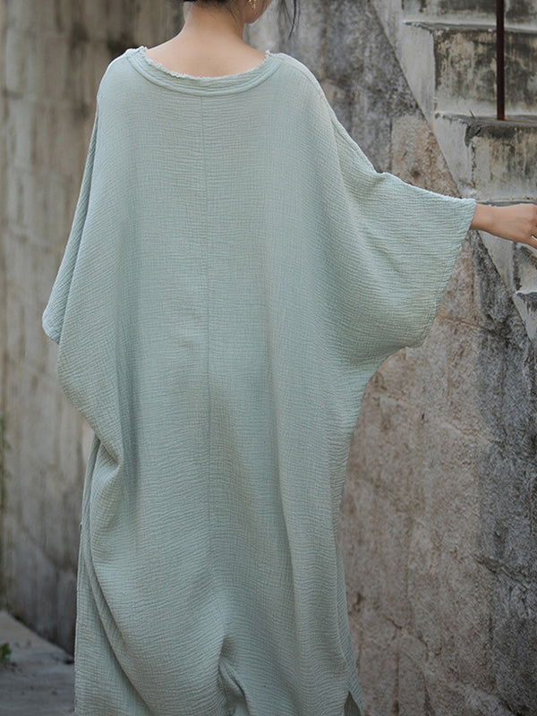 Momentlover Split-Side Solid Color Loose Long Sleeves Round-Neck Midi Dresses